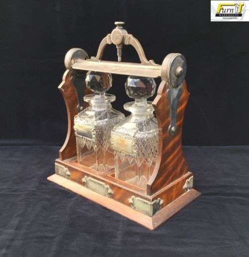 RARE Antique Oak Cased Tantalus set with Double Cut Glass Decanters - England - Original