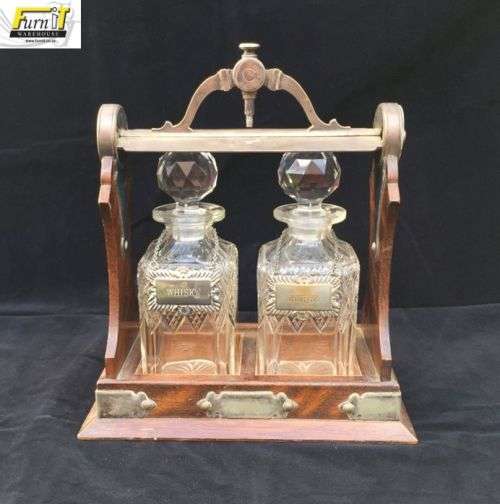 RARE Antique Oak Cased Tantalus set with Double Cut Glass Decanters - England - Original