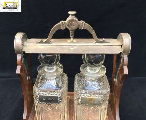 RARE Antique Oak Cased Tantalus set with Double Cut Glass Decanters - England - Original