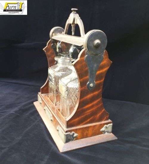 RARE Antique Oak Cased Tantalus set with Double Cut Glass Decanters - England - Original
