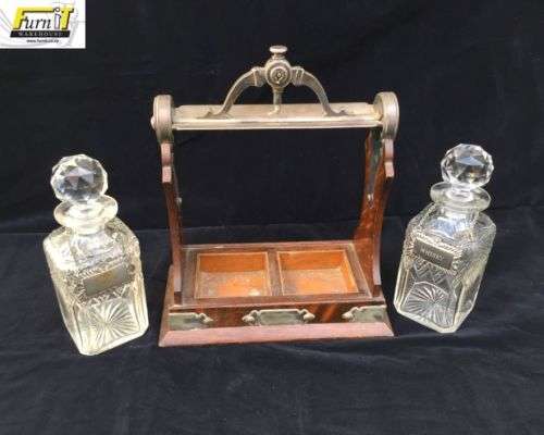 RARE Antique Oak Cased Tantalus set with Double Cut Glass Decanters - England - Original