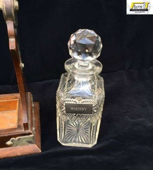 RARE Antique Oak Cased Tantalus set with Double Cut Glass Decanters - England - Original