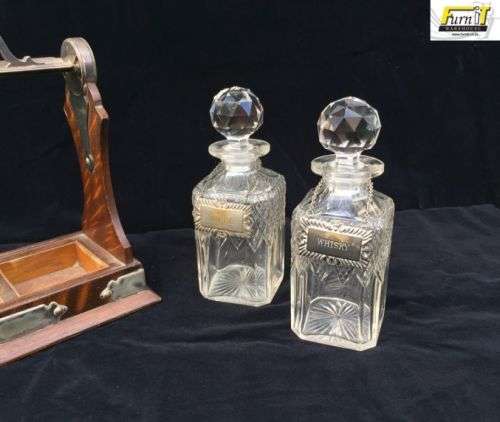 RARE Antique Oak Cased Tantalus set with Double Cut Glass Decanters - England - Original