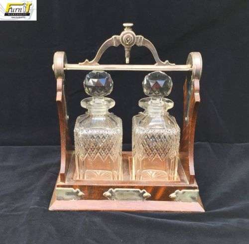 RARE Antique Oak Cased Tantalus set with Double Cut Glass Decanters - England - Original