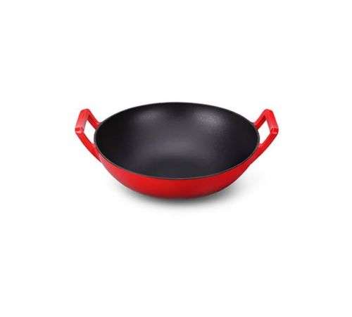 Chef WOK with double Handles - Cast Iron - ENAMEL (Red) - 36 cm