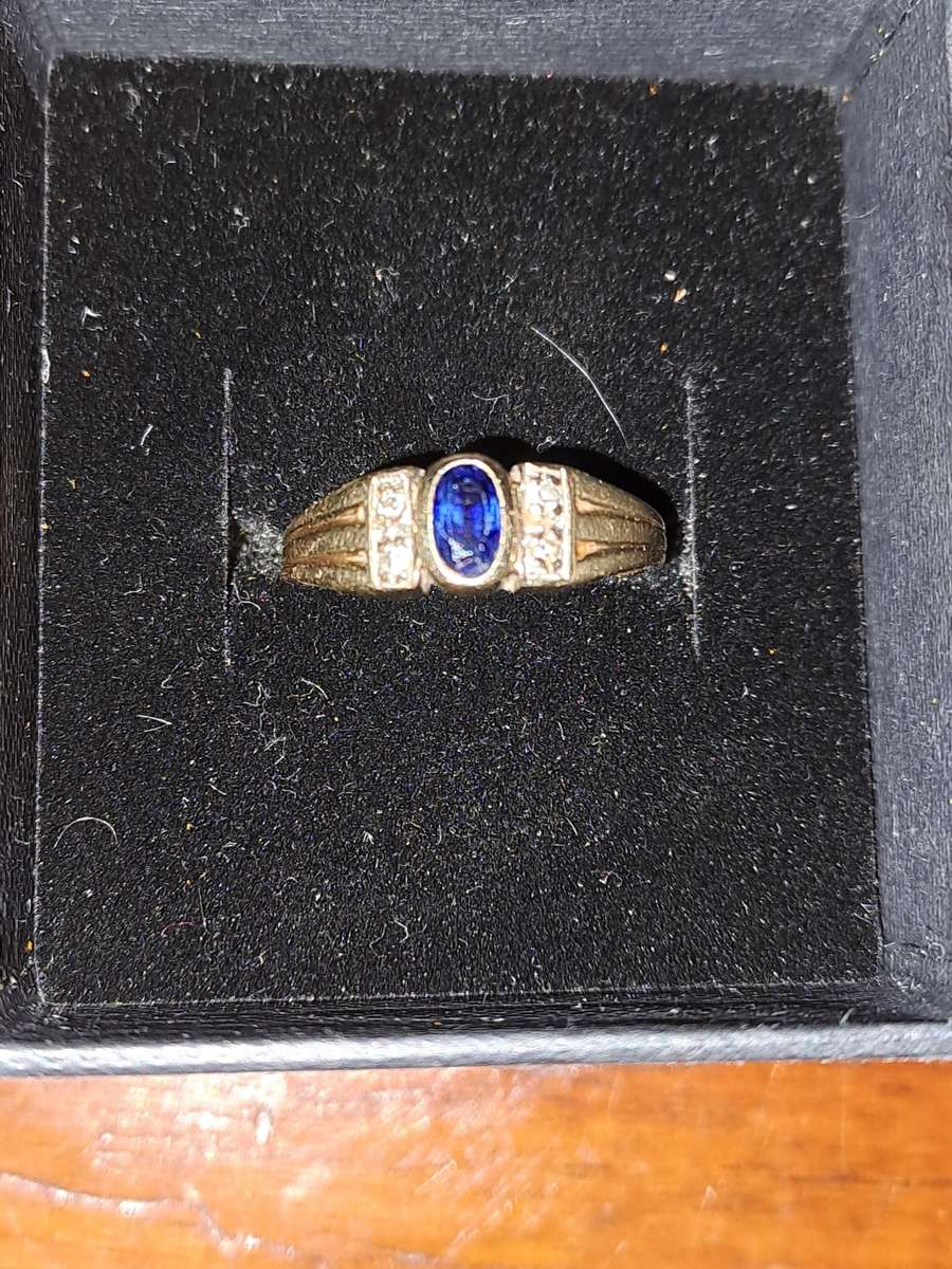 9ct Gold Ring with Natural Diamonds and Blue Stone
