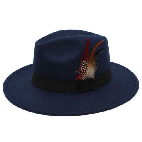 Men Women Panama Fedora Wide brim Cool formal Hardfelt summer spring sunhat(Navy Blue)