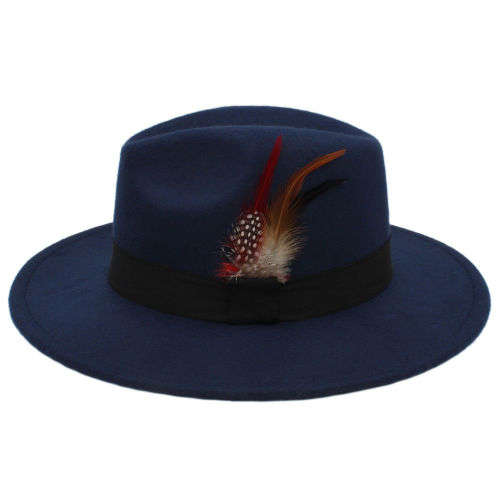 Men Women Panama Fedora Wide brim Cool formal Hardfelt summer spring sunhat(Navy Blue)