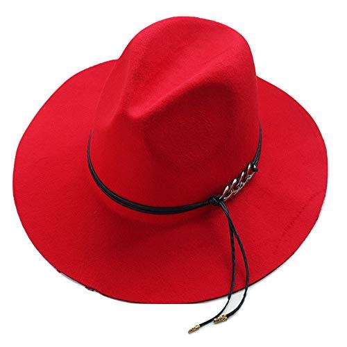 Unisex men women fedora panama Fedora Wide Brim Wool Felt Hat sun hat with loose rope (RED)