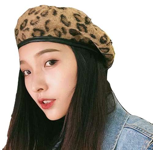 Round Cap Women Beret Hat Winter Wool Ski Beanie Hat Fashion Artist Warm Vintage-Leopard colour