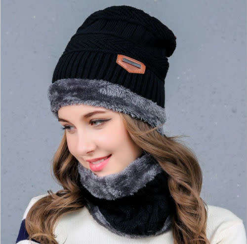 Mens Womens Kids Cable Fleece Winter Knit Beanie Hat Slouchy Cap Neck Warmer