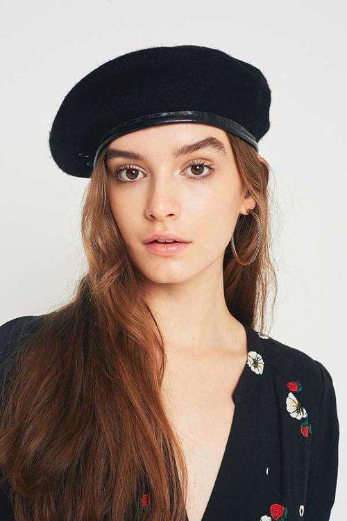 (FREE SHIPPING) Men women Black army Military  special forces artist berets BERET with leather trim
