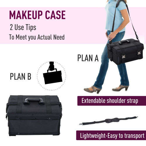 Make-up Travel Vanity Case Trolley Wheels Roll Cosmetic 2-in-1 Black