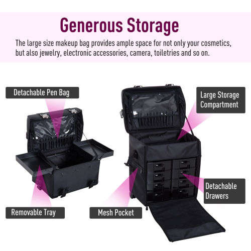 Make-up Travel Vanity Case Trolley Wheels Roll Cosmetic 2-in-1 Black