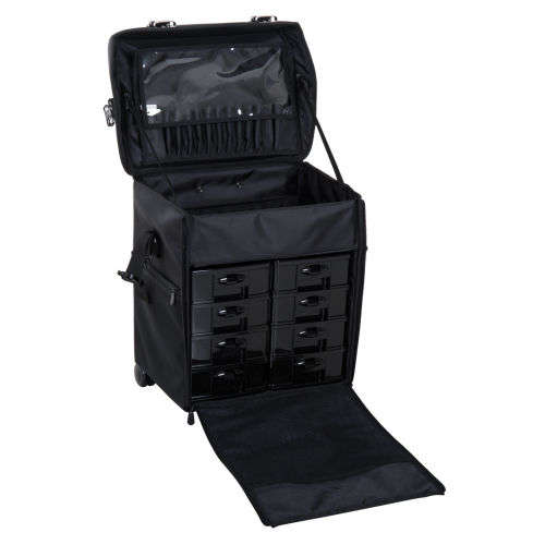 Make-up Travel Vanity Case Trolley Wheels Roll Cosmetic 2-in-1 Black