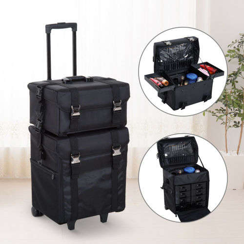 Make-up Travel Vanity Case Trolley Wheels Roll Cosmetic 2-in-1 Black