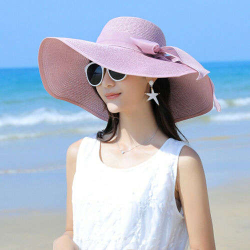 (FREE SHIPPING) BOW KNOT SUMMER BEACH SUN HAT WOMEN STRAW BRAID LARGE BRIMMED sized CAP HAT
