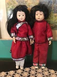 TWO PRETTY ORIENTAL PORCELAIN BOY AND GIRL DOLLS-46 CM HIGH