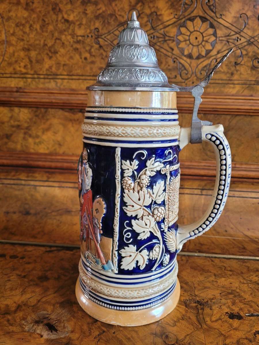 Immaculate. Rebensaft Lebenskraft. German porcelain-very collectable beer tankard large. 28cm tall.