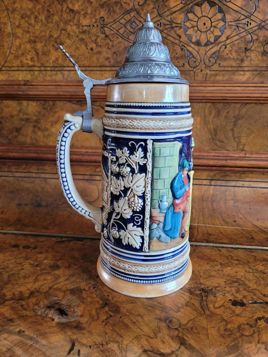Immaculate. Rebensaft Lebenskraft. German porcelain-very collectable beer tankard large. 28cm tall.