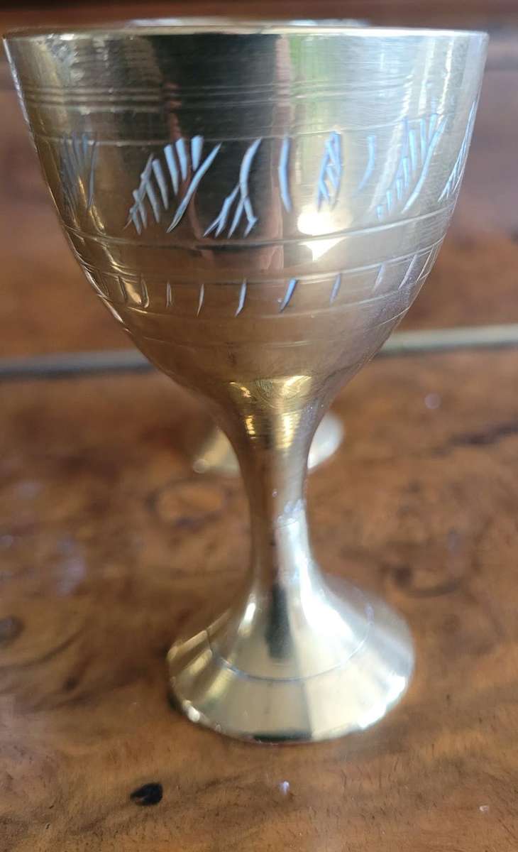 Miniature arty solid brass decanter and six small goblets. on its own tray Very beautifully crafted