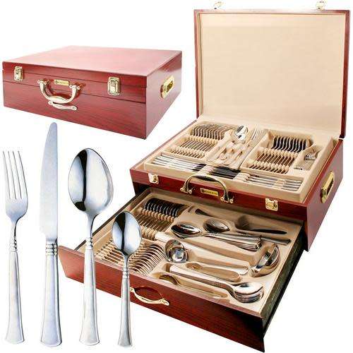 72 Piece Elegant Stainless steel 18/10 Cutlery set in a 2 drawer wooden storage box.
