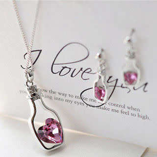 Crystal Heart in a Bottle Necklace and Earring Set - Clear Color
