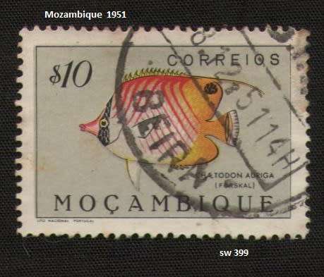  Mozambique used:1951 Fish * 10 C   *   Chaetodon auriga