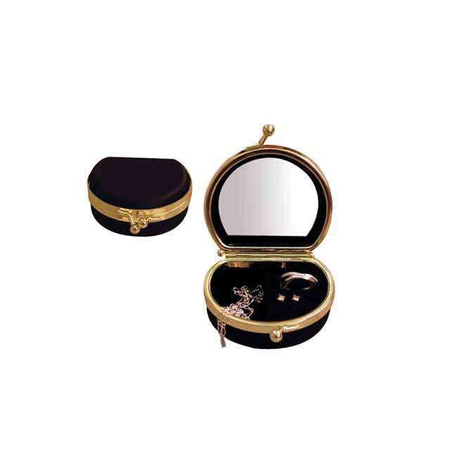 Black satin mini jewellery case with gold trim & mirror