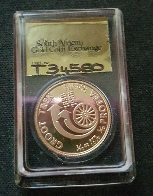 SAGCE slabbed 1/10th oz 1988 Groot Trek gold with COA