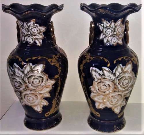 Haas and Czjzek 2x Vases Vintage - Signed - Sculpted Porcelain Cobalt Blue set - Collectable 30.5 cm