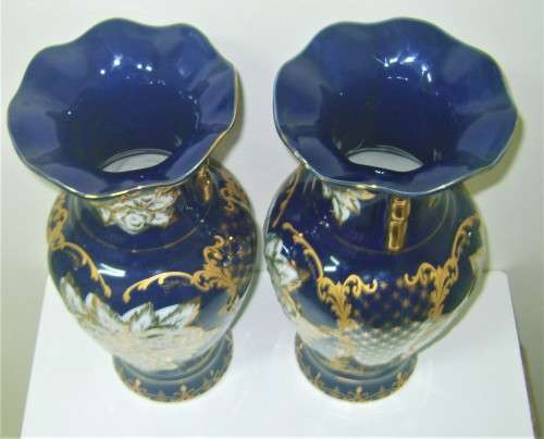 Haas and Czjzek 2x Vases Vintage - Signed - Sculpted Porcelain Cobalt Blue set - Collectable 30.5 cm