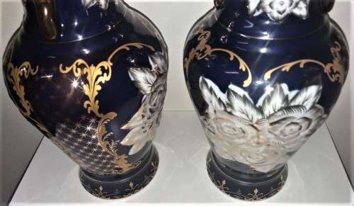 Haas and Czjzek 2x Vases Vintage - Signed - Sculpted Porcelain Cobalt Blue set - Collectable 30.5 cm