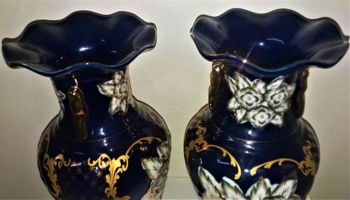 Haas and Czjzek 2x Vases Vintage - Signed - Sculpted Porcelain Cobalt Blue set - Collectable 30.5 cm