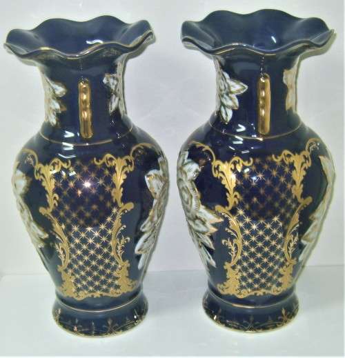Haas and Czjzek 2x Vases Vintage - Signed - Sculpted Porcelain Cobalt Blue set - Collectable 30.5 cm