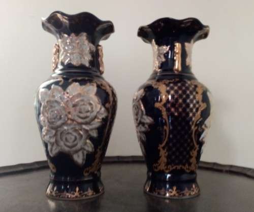 Haas and Czjzek 2x Vases Vintage - Signed - Sculpted Porcelain Cobalt Blue set - Collectable 30.5 cm