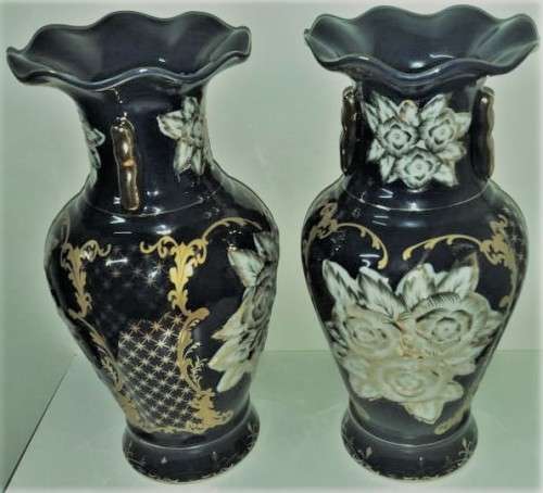 Haas and Czjzek 2x Vases Vintage - Signed - Sculpted Porcelain Cobalt Blue set - Collectable 30.5 cm