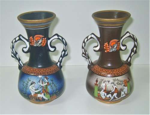 SALE - "GREEK GODS" PAIR OF ORNAMENTAL CERAMIC VASES SIGNED - EXQUISITE FOR DISPLAY - sold as a set.