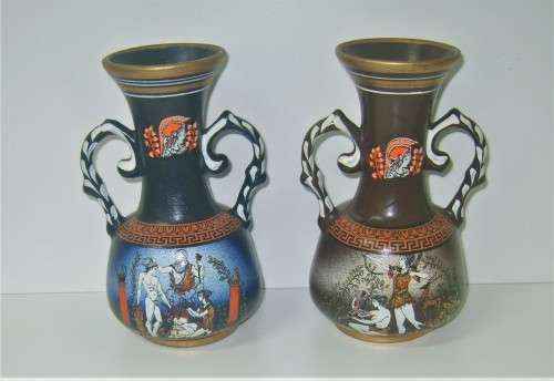 SALE - "GREEK GODS" PAIR OF ORNAMENTAL CERAMIC VASES SIGNED - EXQUISITE FOR DISPLAY - sold as a set.