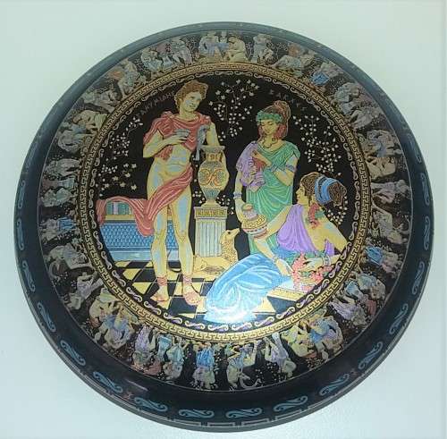 GAY MYTHOLOGY 24KT GOLD GILDED CERAMIC ANCIENT GREEK SIGNED TRINKET BOX IN COBALT BLUE 14 cm