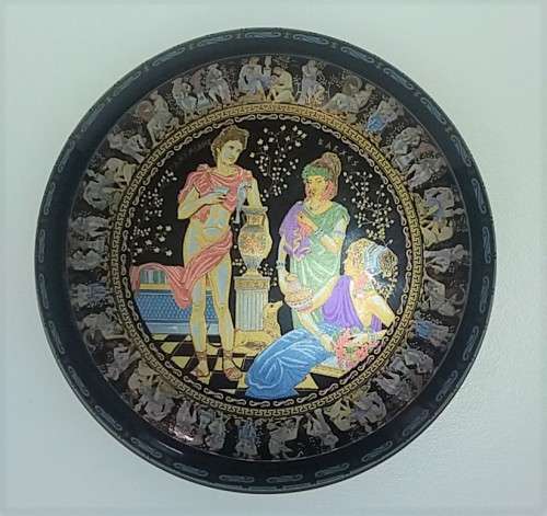 GAY MYTHOLOGY 24KT GOLD GILDED CERAMIC ANCIENT GREEK SIGNED TRINKET BOX IN COBALT BLUE 14 cm