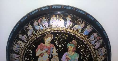 GAY MYTHOLOGY 24KT GOLD GILDED CERAMIC ANCIENT GREEK SIGNED TRINKET BOX IN COBALT BLUE 14 cm