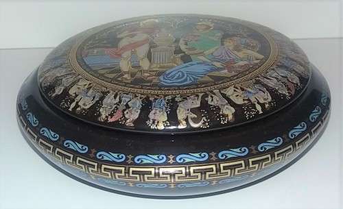 GAY MYTHOLOGY 24KT GOLD GILDED CERAMIC ANCIENT GREEK SIGNED TRINKET BOX IN COBALT BLUE 14 cm