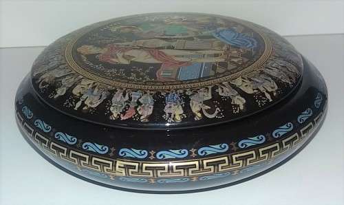 GAY MYTHOLOGY 24KT GOLD GILDED CERAMIC ANCIENT GREEK SIGNED TRINKET BOX IN COBALT BLUE 14 cm