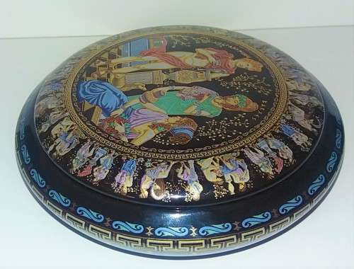 GAY MYTHOLOGY 24KT GOLD GILDED CERAMIC ANCIENT GREEK SIGNED TRINKET BOX IN COBALT BLUE 14 cm