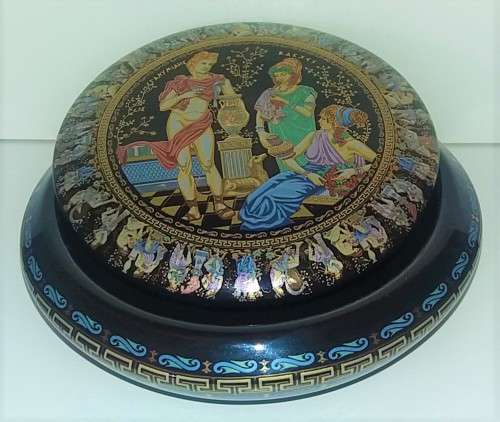 GAY MYTHOLOGY 24KT GOLD GILDED CERAMIC ANCIENT GREEK SIGNED TRINKET BOX IN COBALT BLUE 14 cm
