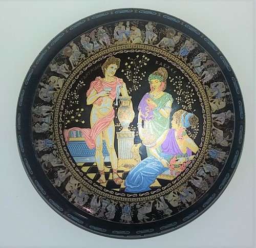 GAY MYTHOLOGY 24KT GOLD GILDED CERAMIC ANCIENT GREEK SIGNED TRINKET BOX IN COBALT BLUE 14 cm