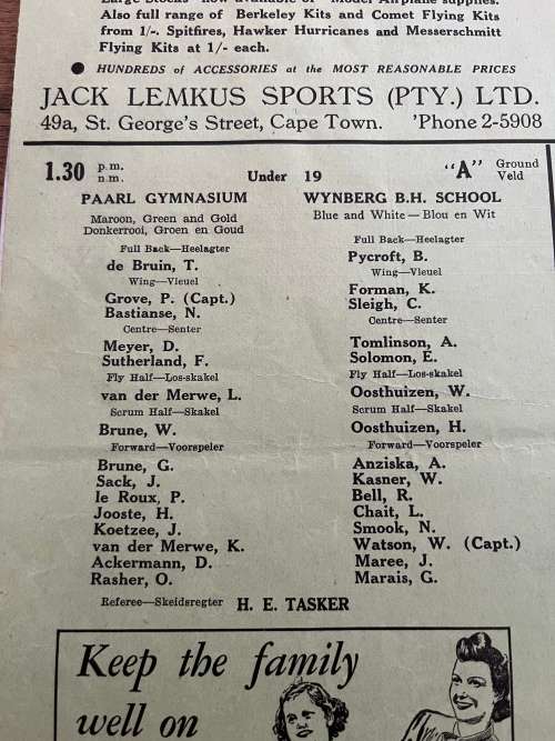 Rugby Programme - Paarl Gim vs Wynberg/Air Force vs University/Hamiltons vs Maties 25/04/1942