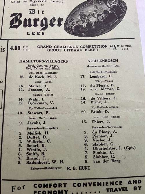 Rugby Programme - Paarl Gim vs Wynberg/Air Force vs University/Hamiltons vs Maties 25/04/1942