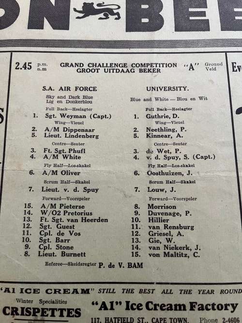 Rugby Programme - Paarl Gim vs Wynberg/Air Force vs University/Hamiltons vs Maties 25/04/1942
